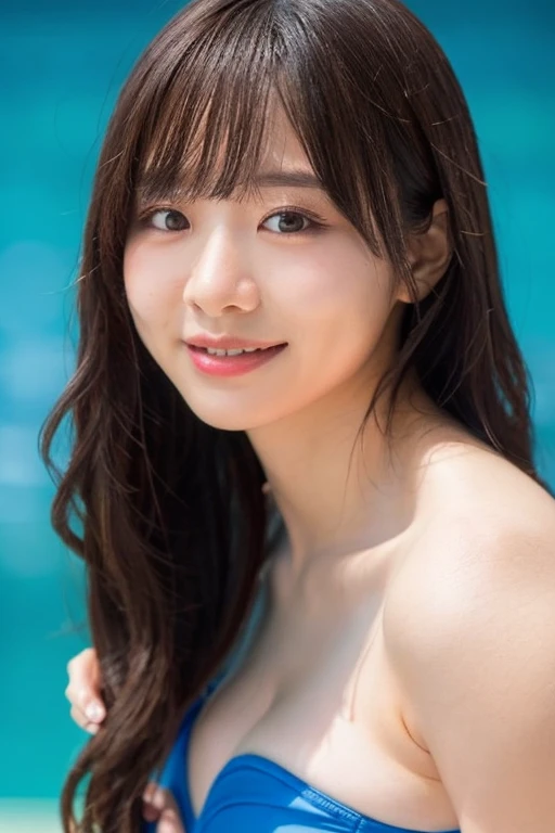 ((スポーツSwimwear:1.3)), Swimwear, Skin color, big , smile, (8K, RAW Photos, Highest quality, masterpiece:1.2), masterpiece, super detailed, super high quality, (Realistic and photorealistic photography:1. 37), High-resolution RAW color photos, Very delicate and beautiful, highly detailed, 8K壁紙, wonderful, detailed, Very eye, very detailed, very detailed skin, very thin fingers, very detailed nose, very detailed mouth, Perfect Anatomy, Upper Body, swimming, Transparency, tiny Swimwear, Nogizaka idol, Korean Idol, idol carving&#39;Temporarily stop, 18-year-old, cheap, Cafe, restaurant, Italy, deer, Australia, break ((Upward glance)), ((angle From above: 1. 3)), From above, Looking into the camera,long hair
