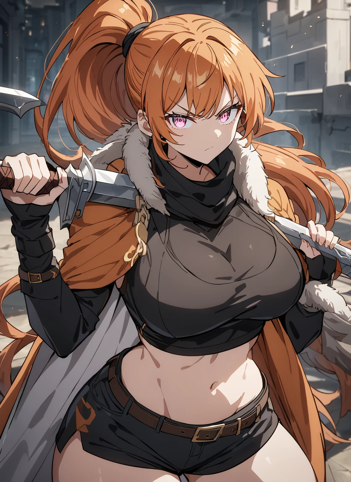berserker, best quality, Wild, 30 years old, adult woman, bandaged, scar, messy red hair, Wild costume, Pelzmantel, Long Boots, Hunting knife, Pelzschmuck, demure, detailed face
