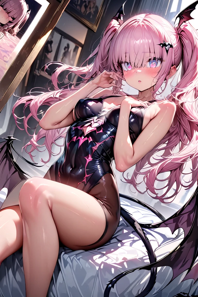 One Girl, Pink Hair, Create a Succubus. Provocative clothes and low-cut blouses. , wings and tail, Grinning, There is a mole on the corner of the eye, There is only one mole, Sweating, looking at the camera, ass pov, Fishnet tights, Long Hair, to close range, Shiny black elbow gloves,