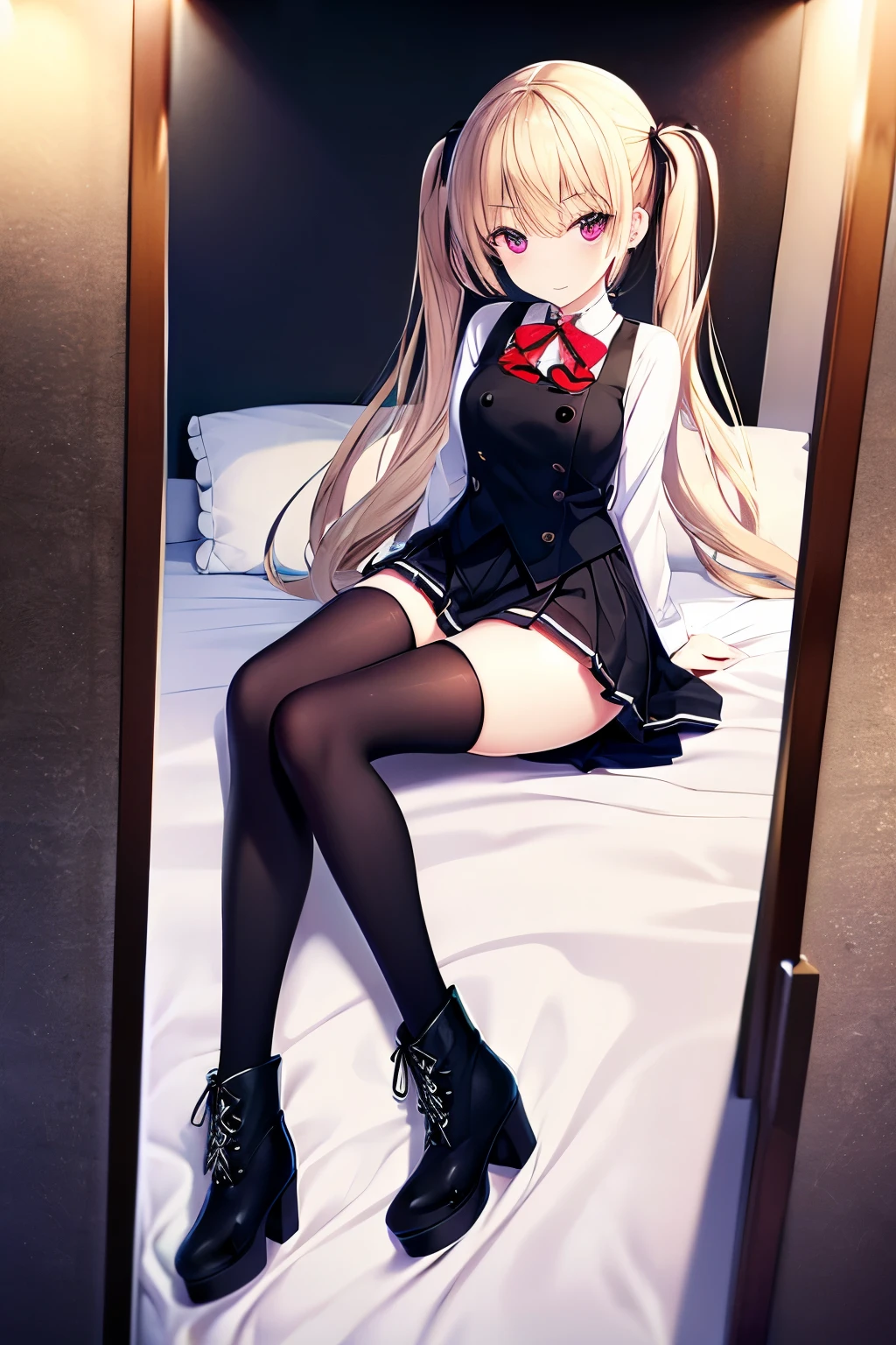 High Definition, 4K, Beautiful girl, twin tails, miniskirt, black tights, black platform boots, Full Body, Hotel, bed