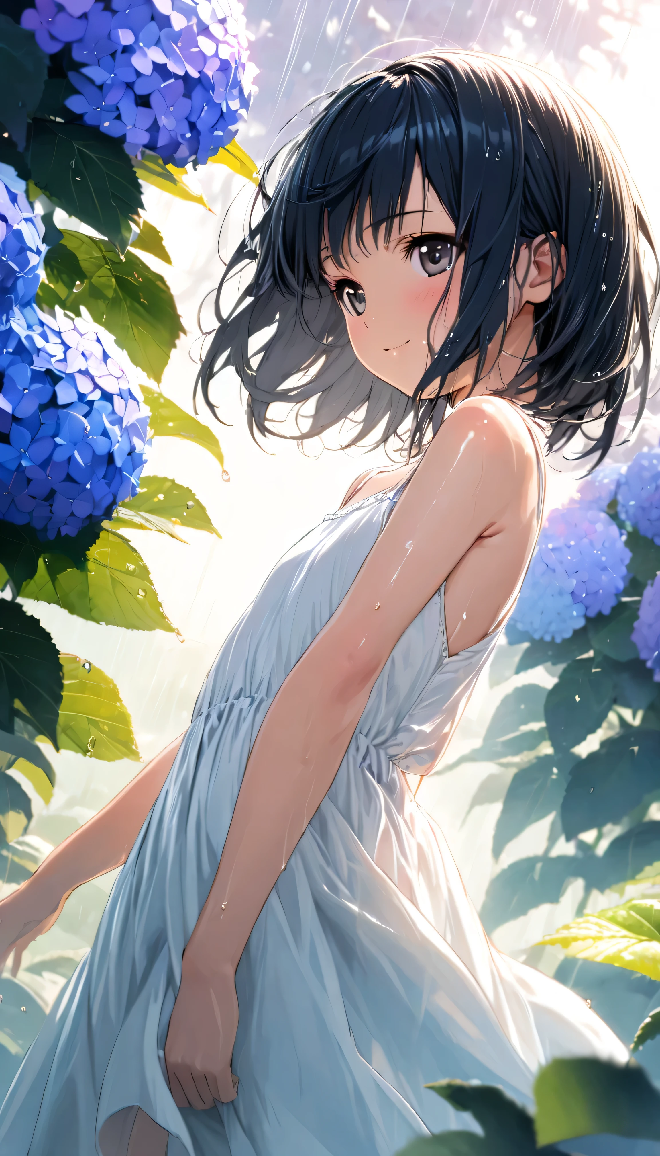 Affordable design, Clear lines, High Sharpness, (highest quality,4k,Perfect sharpness,Ultra fine,High resolution,masterpiece:1.2), Perfect Anatomy:1.5, Official Art, Illustrations that tell a story, (Whitish background:0. 9)、Body Positivity、多Mr.な身体表現、(Random and mischievous poses)、Perfect beauty、Perfect beautiful face、Strong winds、A rich expression、Dynamic composition、smile、Golden ratio composition、colorful、(Mr.々Different angles and perspectives)、Anime Art、mini skirt、(Overcoming stereotypes)、 Glowing Skin、(Natural beauty)、smile、bangs、Straight Hair、(Soft and flowing hair)、(Rural Scenery)、(Nostalgic atmosphere)、Insert up to the thighs、(Playful and carefree)、(多Mr.な民族のキャラクター)、(innocent attitude)、(Sunny atmosphere)、Skirt flipped up、(Bright colors)、Belly button exposed、Beautiful Eyes、Hydrangea blooming season、Fisheye Lens