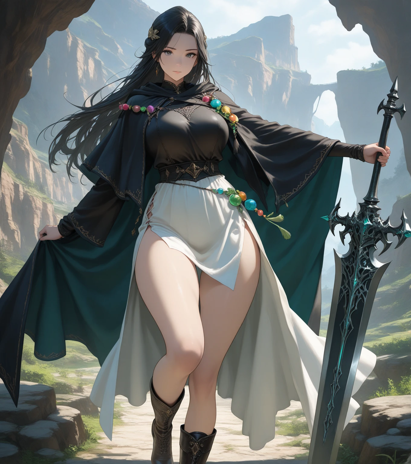 Mulher, Jovem, Lindo, pele clara, Cabelo longo, cabelo preto comprido, Cabelo na altura da cintura, fundo da paisagem, no campo, Flores, floresta, interior, segurando uma espada, duende, segurando a espada, curva-se nas costas, um arco com flechas nas costas, vestido longo, cintura fina, seios grandes, seios sob a roupa, olhos verdes, she has her back.