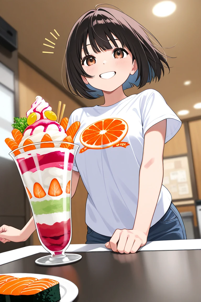 (((masterpiece))),((best quality)),anime screencap, side view,
((high school girl)),((one girl)), taking food from fridge,
black hair,((ponytail with white hair band)), very short side hair, floating hair, (((very long ahoge stretch forward))),
cute detailed (brown) eyes, big (((round))) eyes,((((wide eyed)))), (looking at viewer),
((((surprised)))), eating stick bread, (right hand holding juice bottle),
small size breasts, short body, thin body, cute,
(white sailor uniform) AND short sleeves,
indoor background, opened fridge,
<lora:animeScreencapStyle_v230epochs:0.4>