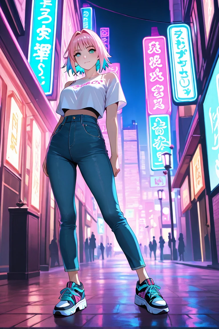 1girl , a 17 yo girl , 17 years old , super adorable , full head ,(Body : (small breasts) , Skinny ) , ((tmasterpiece)) , (Very detailed CG unity 8K wallpaper) , best qualtiy , cinematic lighting , (hi-top fade:1.3) , dark themed , Muted Tones , Subdued Color , highly contrast , (natural skin textures , Hyper-Realism , Soft light , sharp) , (Hair : (Light Cyan Hair:1.5) , (shoulder-length hair) , ponytail , (Cyan Blue eyes:1.5) , beautiful detailed eyes , (Bright eyes:1.5) , (Very fine and beautiful) , (Beautiful and detailed eye description) , ( Background : (Random Amusement park at night Background) ) , Blur Background , (Topless) , Periwinkle Big Shape Jeans , Light cyan Furry Strapped Combat Bootie Boots , Full body shot , random view ,(Joyful Emotion:1.5) , Happy expression , (Pose : random pose , smile shy ) , (hair covers one eye : 1.5), Navel, small breast, photographers on background, camera flash, photoshoot, photographers
