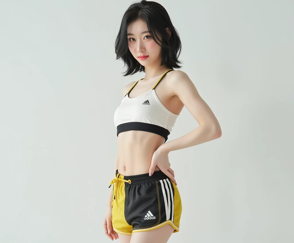 ((Mejor calidad)), ((obra maestra)), (detallado), cara perfecta, (femenina recepcionisa de gimnasio) , (polo con una raya horizontal amamarila), (pantalon negro),(polo amarillo y negro),(logo de smarfat en la ropa)