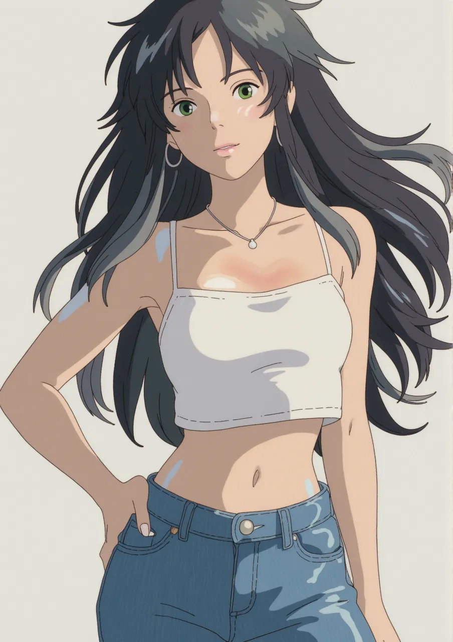 score_9, score_8_up, score_7_up,score_6_up, score_5_up, score_4_up, curvy blue eyed girl with long wavy black hair and small breasts