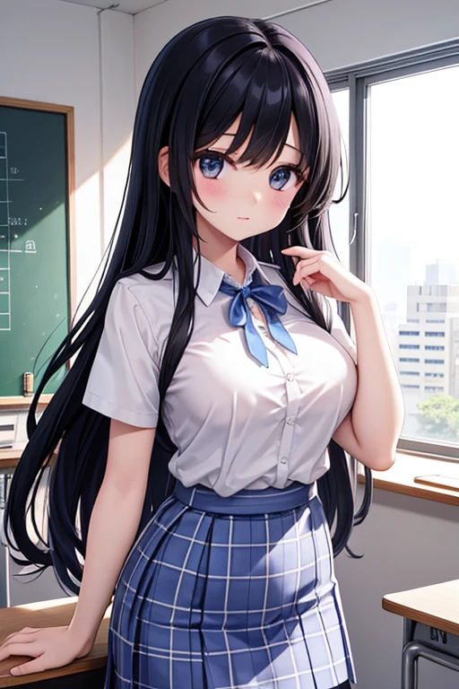 A 14-year-old middle school girl with long black hair wearing a school uniform who lifts up her skirt to reveal white panties.