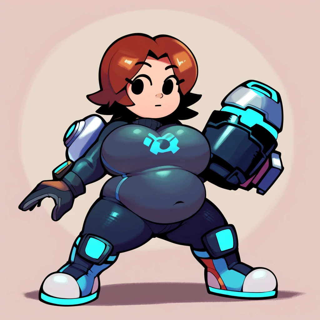 mii gunner, 1girl, solo, breasts, looking at viewer, bangs, large breasts, brown hair, gloves, dress, closed mouth, pantyhose, thighs, boots, sky, day, black gloves, belt,cloud, medium hair, black eyes, sweater, blue sky, parted bangs, turtleneck, expressionless, thick thighs, short dress, knee boots, outstretched arm, curvy, wide hips, alternate breast size, outline, black belt, impossible clothes, belt buckle, outstretched hand, white outline, arm cannon, narrow waist, orange dress, turtleneck dress, orange sweater , outdoors<lora:mii_gunner-01:1>