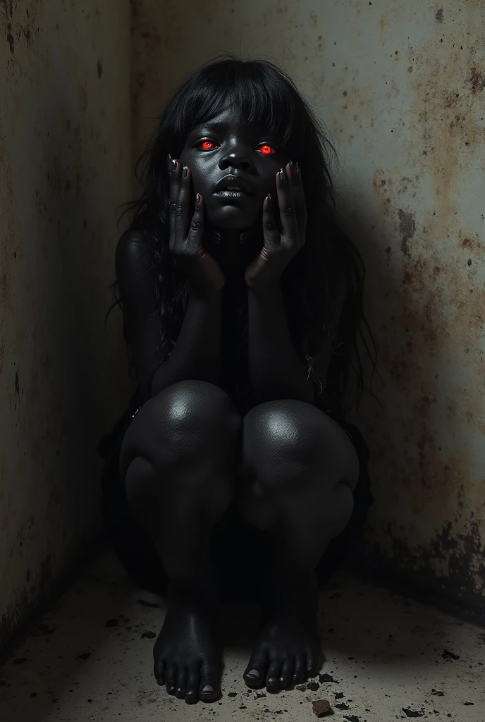 horrendous, creepy figurine with haunting eyes, Dark Skin, Brunette with side-swept bangs and a layered bob cut, magenta cream lipstick, A narrow, winding path through a dense, ominous forest, werewolf, pegasus, vampire with fangs, <lora:epiNoiseoffset_v2Pynoise:2>