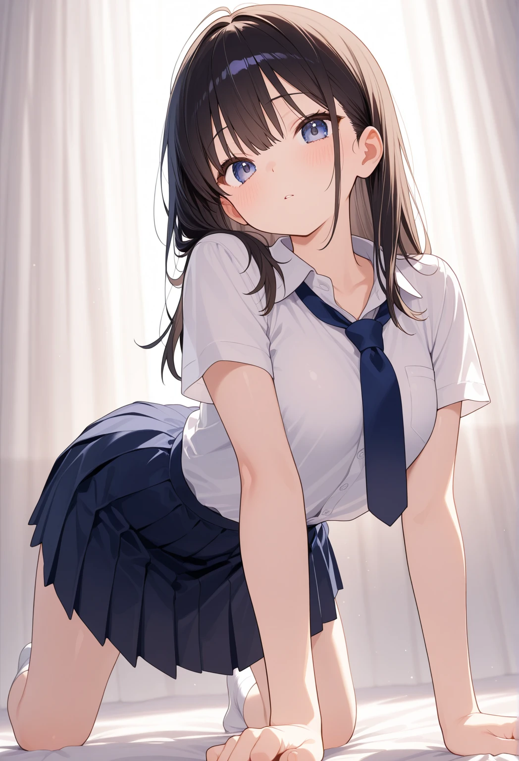 From Below,classroom,Black pleated skirt,highest quality,From Below,high quality panties,{{beautiful large breasts 1:4}},pretty girl,brush,High-quality backgrounds,Slanted Eyes,Detailed shirt chest wrinkles,BREAK,{{beautiful blue eye1:4}},BREAK,Five fingers