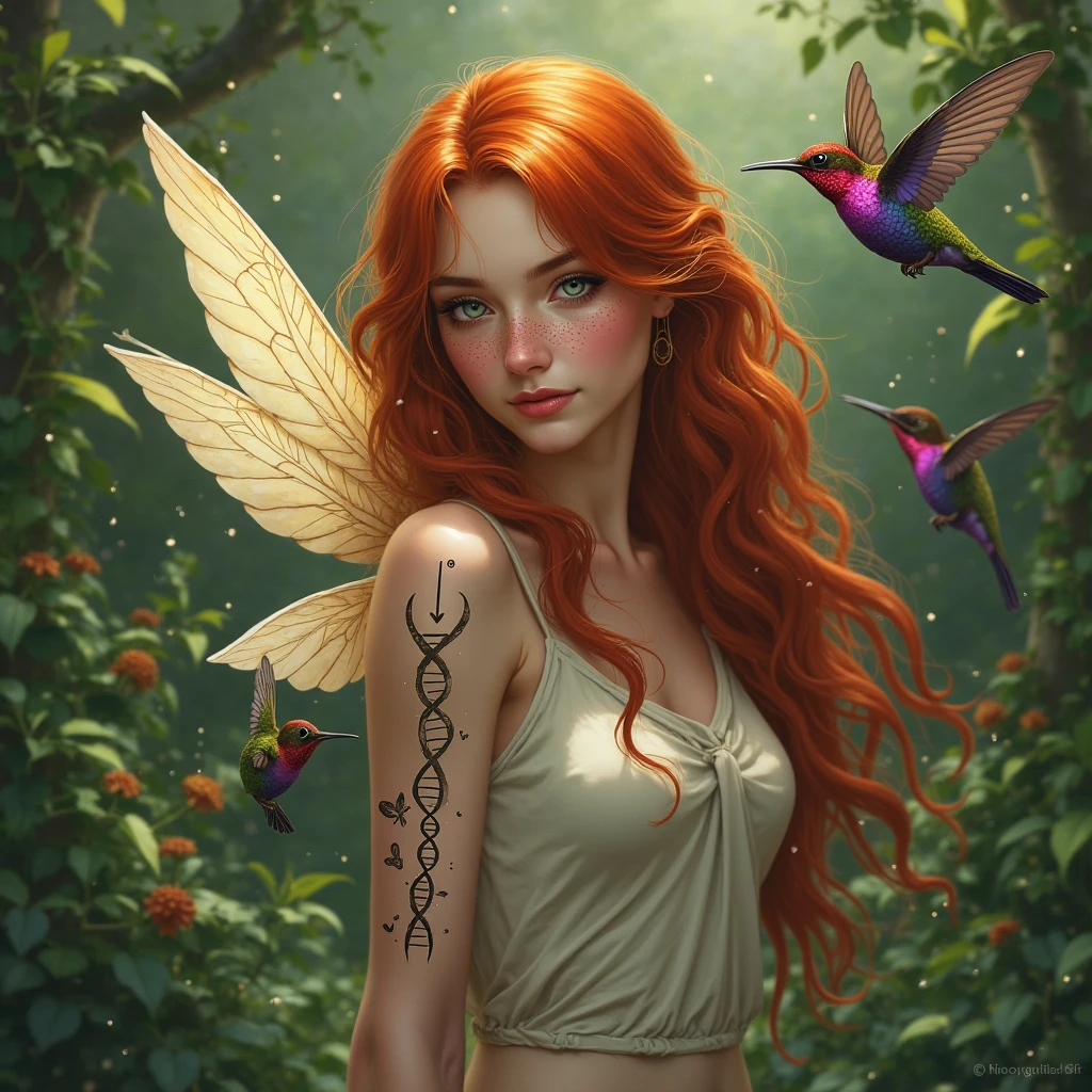 (1girl ), (girl is nude, (redhead long hair), (small butterfly wings), (detailed olive eyes, face), (healthy body)), (background, enchanted forest, waterfall), (detail):1.1