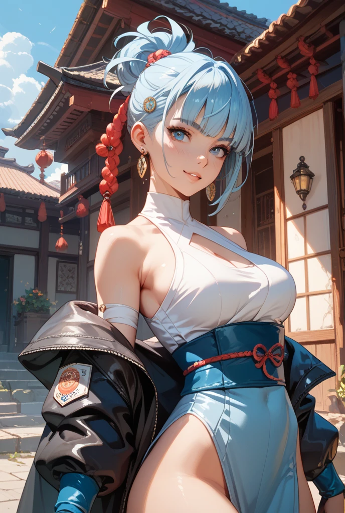((masterpiece)),(bestquality),((ultra-detailed)), ((beautiful detailed sky)), ((cinematic lighting)), depth of field, (dynamic angle),detailed lighting,(beautiful detailed eyes),outdoors, red lip, smile,eyeshadow,large breast, sexy, cleavage, bare thighs, kamisatoayakadef