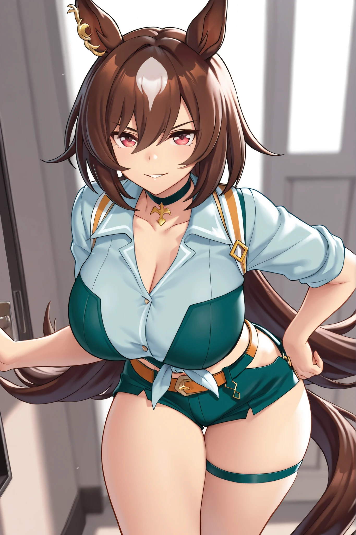 a beautiful centaur girl, from the waist up a beautiful woman with long wavy brown hair, light brown eyes, from the waist down her body is a large equine, very beautiful. perfect art, very detailed and defined, art for work