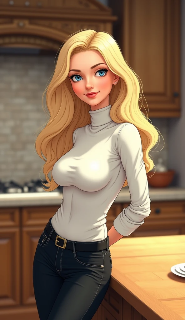 score_9, score_8_up, score_7_up, score_6_up, score_5_up, score_4_up, solo, standing, female, human, (mature female:1.2), blush, smile, laugh lines, (mouth closed:1.2), jeans, red blouse, green eyes, blonde hair, (looking at viewer:1.1), inside, living room, couch, masterpiece, best quality