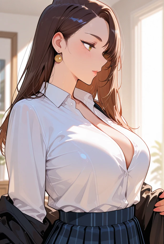 (extremely details CG, Unity, 8K Wallpaper extremely delicate and beautiful), (​masterpiece), (top-quality:1.0), (超A high resolution:1.0), ((perfect proportion shot:1.0)), beautiful vibrant lighting, realistic shadow, [high resolution], pretty face, slanted brown eyes, soft angled brow, 34 years old, arrogant expression, angry, ((brown hair)), ((semi-long shoulder-length hair)), (((medium breasts size))), plumpy body shape, office, office stuff, humiliating pose, dynamic angle, ((outer formal office suit)), opened suit, ((short skirt)), cleavage, office desk, ((waist up shot)))