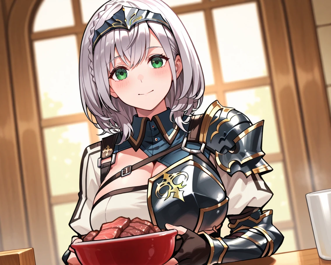 (masterpiece),(best quality),extreamly delicate and beautiful,illustration,((perfect female figure)), (nature breasts),1 pure fool knight girl,blonde hair,purple delta headwear,pure fool girl,armored large white skirt,gluttonous,drool,Sit at the table