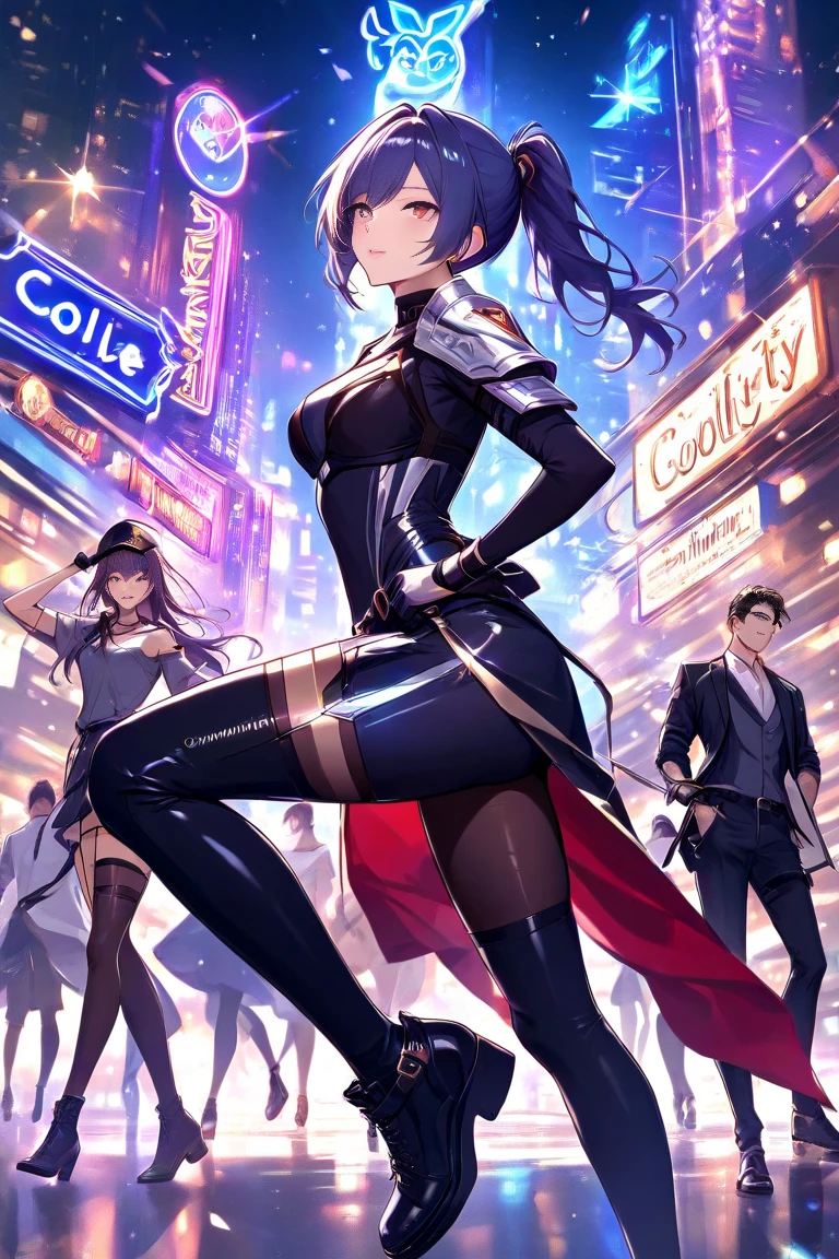 （tmasterpiece：1.2，best qualtiy），动态照明，full bodyesbian，
 1girll， 独奏， Fox eye makeup， Body details， Face details， （mediuml breasts）， Low ponytail， hair tying， short detailed hair， Glowing skin，
ol professional clothing，Microphone in hand，It's a host，Behind him is a stage，There is a big screen on stage