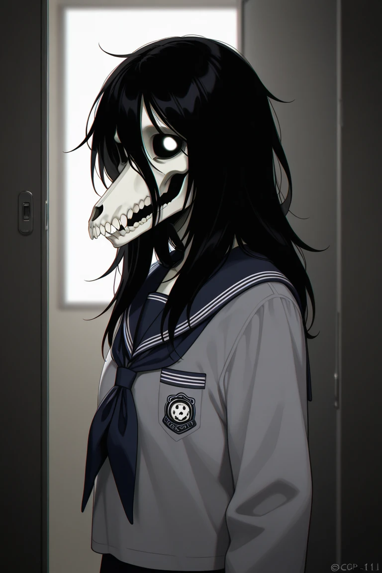 Mammal, Top quality, fullbody, masterpiece, high resolution, detailed body, hi res, absurd res, 1woman, furry, anthro, (SCP-1471, MalO, female, MalO body, Canine scull), (clothed, dressed, wear spackled school_uniform:1.5), athletic, black straight hair, long haircut, black fur, detailed fur, cute hands, detailed hands, (broken mirror, darkness and space, background of the cosmos of night and stars), detailed light, night color pallet, night pastel soft light, candles, holding black rose