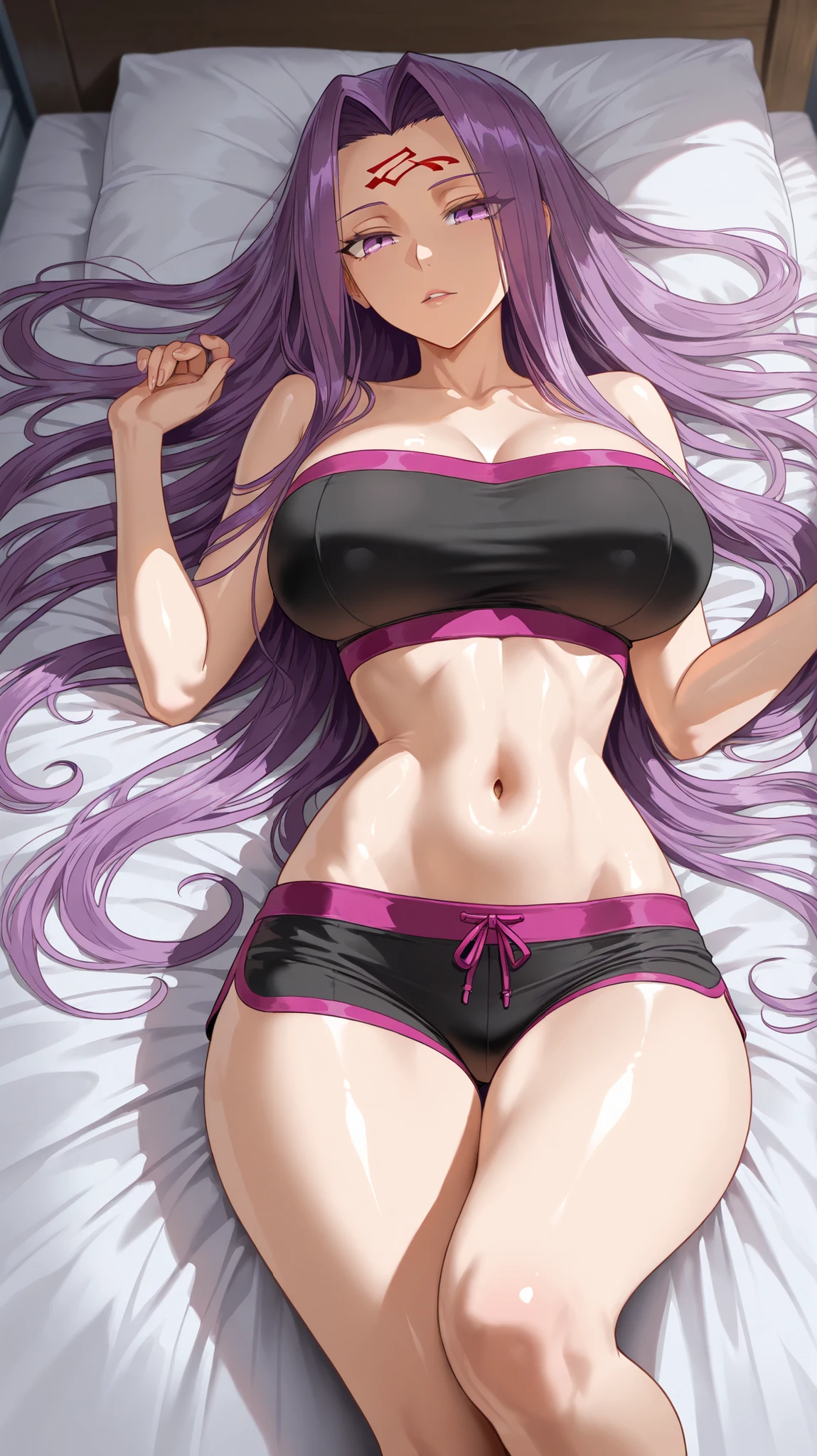 (1 menina de um anime com cabelo roxo), no quarto, 1 girl, somente, olhos amarelos, Purpose, cabelo roxo, olhando para mim, ((Lastly)), Wearing bikini shorts, (((rabo de cavalo lateral))), (((pernas tonificadas))), coxas musculosas espessas, cintura fina, Stomach Muscle, hands on her waist, bare feet, middle boobs, eye reflection, olhos brilhantes, Emburrado, anime, estilo anime, Cinematic lighting, ray tracing, canon, panorama, 8k, Hard disk, master part, ccurate, anatomicamente correto, Super Detalhe, alta qualidade, Altas, disco Rigido, 16k