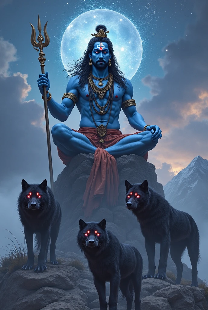 Create a kaala bairavar with a human face and sit on a dog calmly and big shivan show behind 