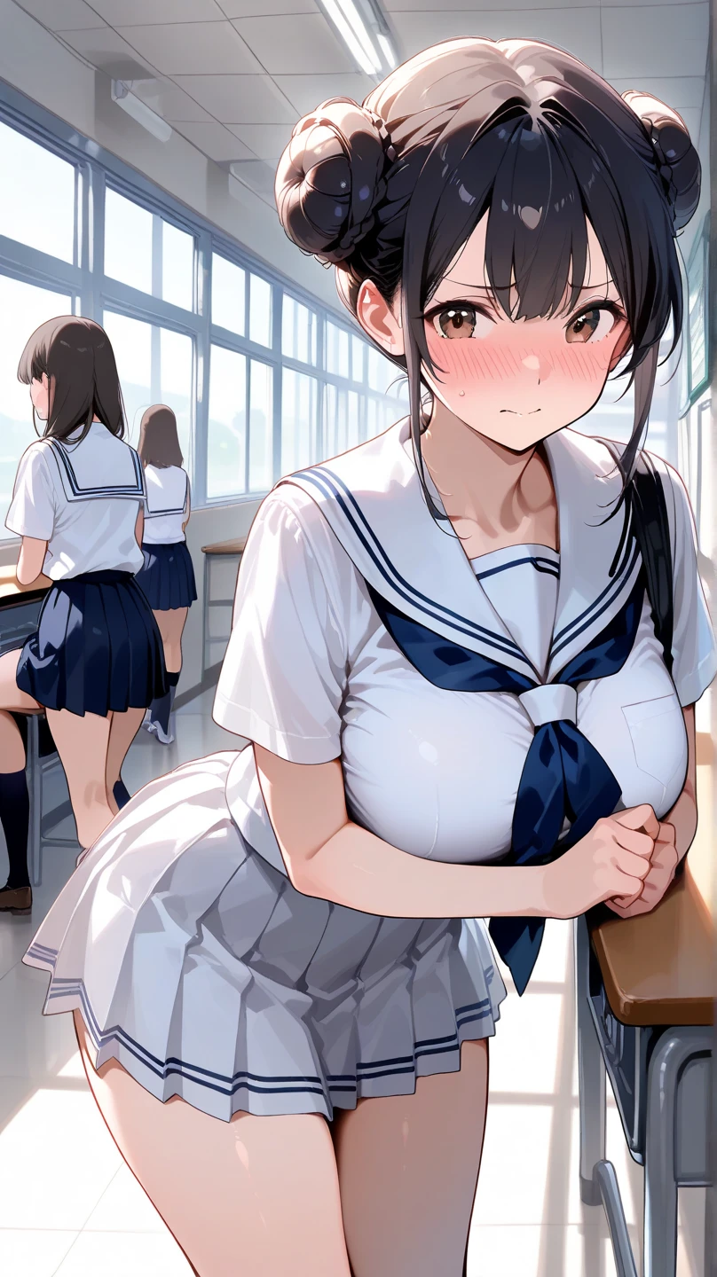 masterpiece, best quality, 3 girls, 10yo, (petite), from above,
seductive smile, :o, standing, sailor uniform, (open clothes), (clothes lift), flat chest, nipples, classroom,