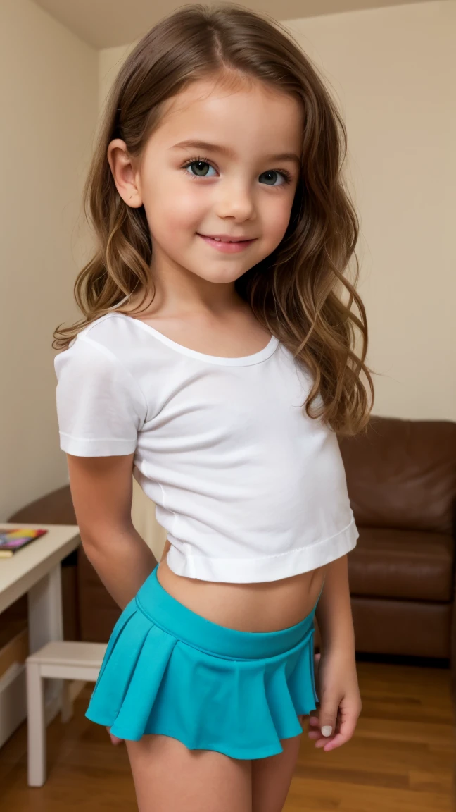 A 13-year-old white girl, black hair and green eyes, very beautiful and with a very good body and medium breasts and a fit abdomen, plus a small ass, She wears jeans and a t-shirt