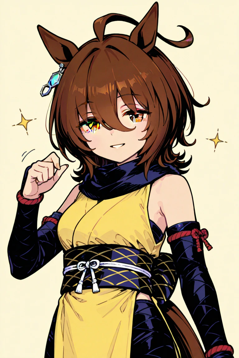 (masterpiece), best quality, expressive eyes, highres, perfect eyes, perfect face, perfect hands, 1girl, genie, zodiac, shirt over 1 shoulder, Brown bikini, long sleeves, necklace, long Brown Hair, city background, headband, Brown eyes, Brown skirt, small bust, rings, bracelets, charismatic, crazy face, crazy eyes, crazy smile, perfect anatomy, half body, l1girl, solo, brown shirt, gold letters, graphic t-shirt, bracelets, rings, necklace, jewelry, arm sleeves, fingerless gloves, manipulative, gaslighting, friendly
