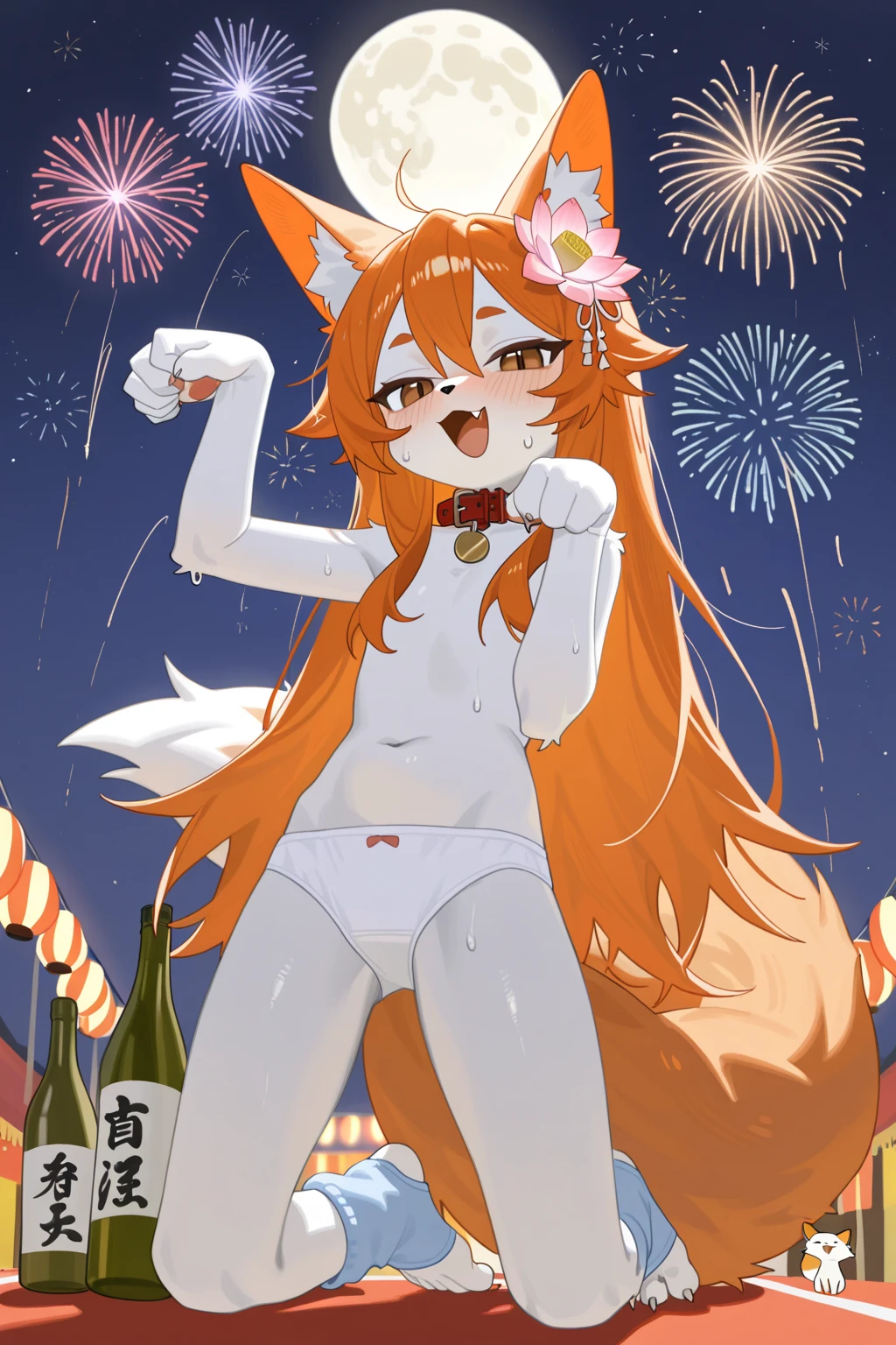 Best quality，Masterpiece，nude naked no clothes，Manteau blanc，(Fox facial features，Physical characteristics of a fox，Hair and shoulder length)，Small stature，bit girl，((White body，White arms，White legs，White eyes, White fox tail))，beach background at night, fireworks in sky, female, furry, anthro, legs spread, sitting down, knees up, blushing, small breasts,
