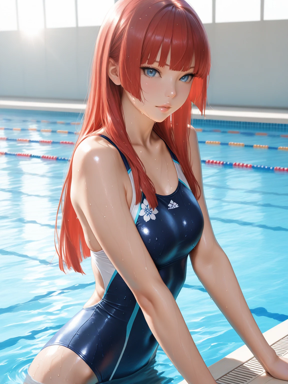 masterpiece), (best quality), (high resolution), (unity 8k wallpaper), (illustration:0.8), (beautiful detailed eye), (extremely detailed face), (extremely detailed CG), (souryuu asuka langley), (perfect hands, perfect anatomy), One Girl, blue eyes, hair between eyes, orange hair, two side up, (bare arms: 1.3), (bare legs: 1.3), (black latex competition swimsuit: 1.5), (erect nipples: 1.3), perfect lighting, full body, looking at viewer, Outdoor, pool