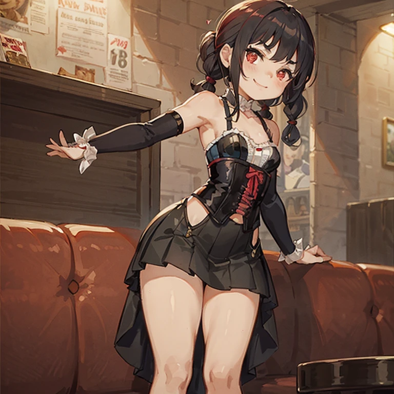 (from below:1.2),(from side:0.9), ((Face)), (Close-Up:0.4), masterpiece,"A 26-year-old girl stands at a bar counter. She is dressed in a stylish off-shoulder dress, sweater dress, off-shoulder sweater, red sweater,garter stocking, cleavage:1.1, midriff, black shorts, black thighhighs, thigh strap, pretty girl, (highly detailed beautiful face and eyes,firm breasts),real skin,((black,hair,long pony tail hair)),thin pubic hair,cute and lovely pose, detailed eyes, This masterpiece is only visually stunning but also tells,(double breasted:0.6,under bust:0.6),(with sparkling eyes and a contagious smile),open mouth. The bar is beautiful, with colorful bottles of alcohol in the background and a soft glow from neon lights. The atmosphere is relaxed, and the girl looks confident and fashionable.",full body, sexy pose,make a cocktail , in a bar counter, Looking at Viewer,