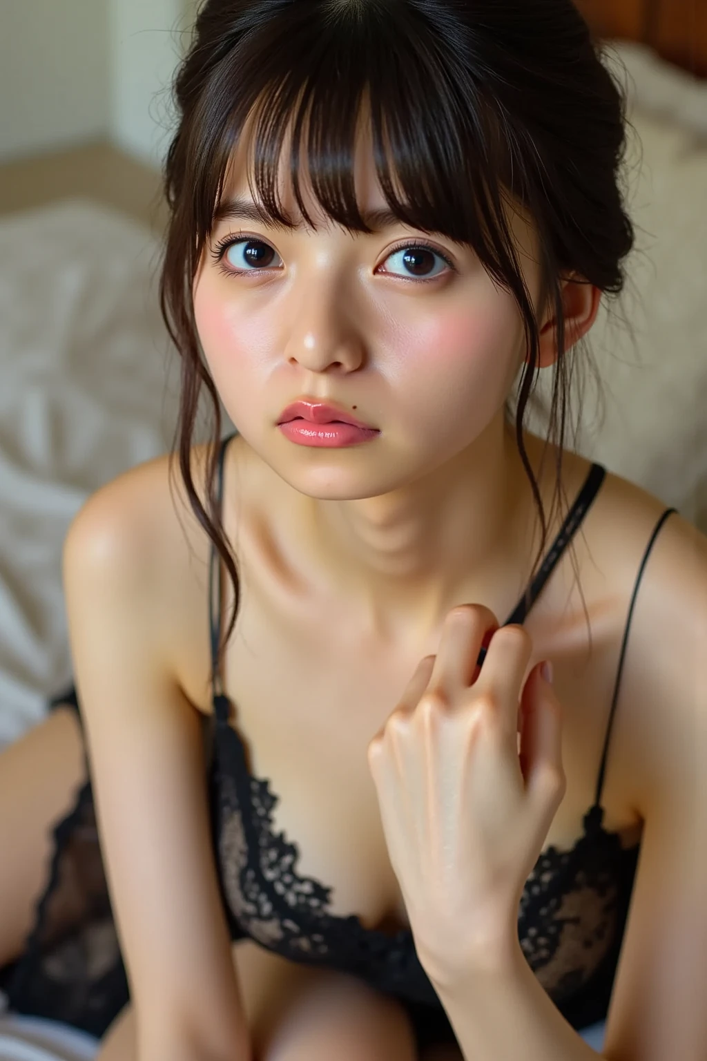A wonderful masterpiece、Very delicate、One Girl、Silver Hair、blue eyes、Bobcut、Underwear only、Purple Lingerie、necklace、Big ample breasts、On all fours、In close range、Proximity、Kamimei、Look up at me、blush、Embarrassing、Troubled face、Open your mouth a little、