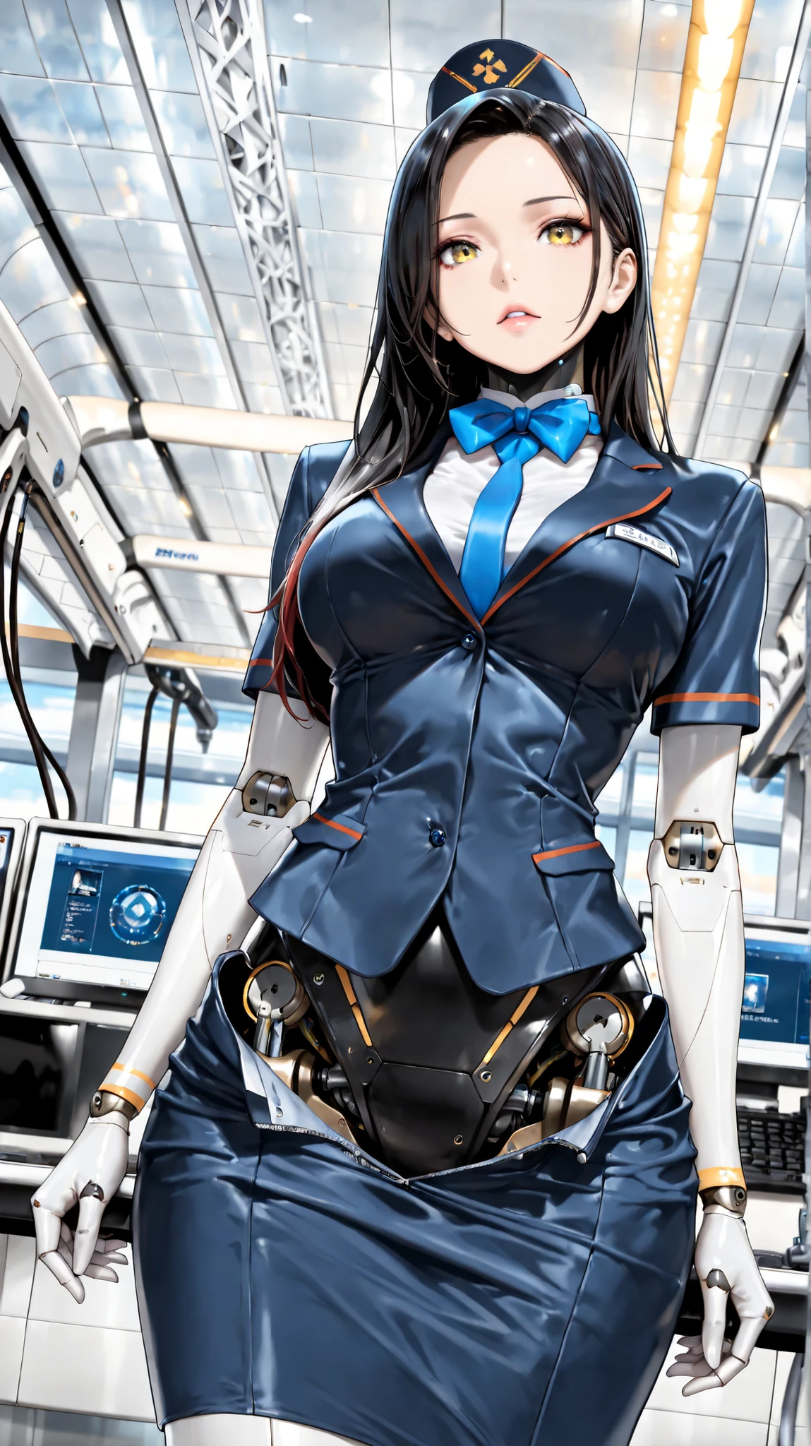 masterpiece, best quality, extremely detailed, Japaese android girl,Plump ,control panels,android,Droid,Mechanical Hand, Robot arms and legs,Blunt bangs,perfect robot girl,long tube,thick cable connected her neck,android,robot,humanoid,cyborg,japanese cyborg girl ,robot-assembly plant,She has assembled now,assembly scene,chest monitor,rolling eyes