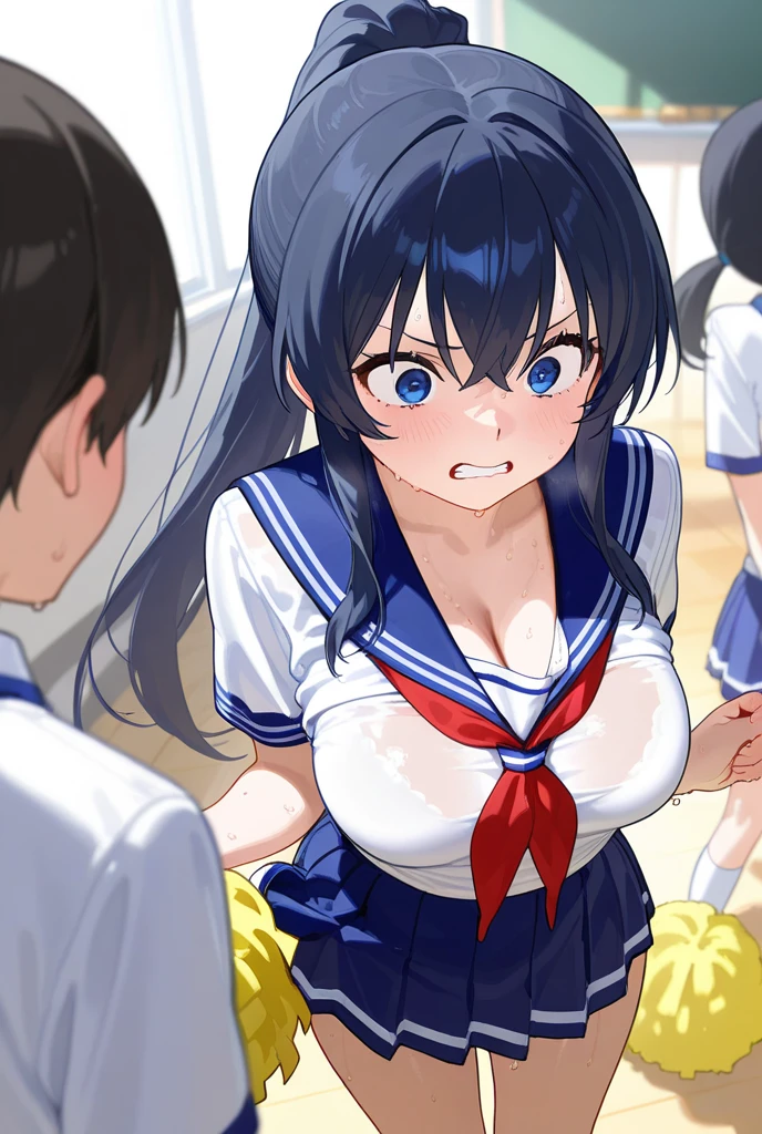 {best quality}. {very aesthetic}. {ultra-detailed}, {best illustration}, nsfw、((half open eyes))、big dick、blush,angry、serafuku, pleated skirt, sailor collar, white shirt、Nose job、Titty fuck、A woman drooling after having urine sprayed on her nose、Face sitting、((女性がBig penisを鼻に押し付ける))、Big penis、Small breasts、Confused eyes、angry、angryった顔、Glare、Baby Face、Semen、shame、White skin、Focus on the face、Black Hair、blue eyes、Bob Hair、short hair、Fisheye Lens