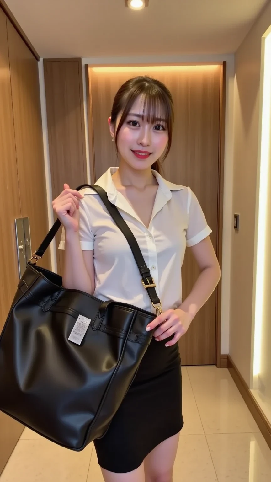 ((beste-Qualit、in 8K、masterpiece:1.3))、((1womanl))、((japanese lady))、((A MILF))、((Model body type)) 、((Float NovaFrogStyle))、((In a detailed hotel room))、((On the bed))、((A face that can't hide its joy))、((Office uniform with short sleeves))、((Button is detached))、((skirt by the))、((White underwear))