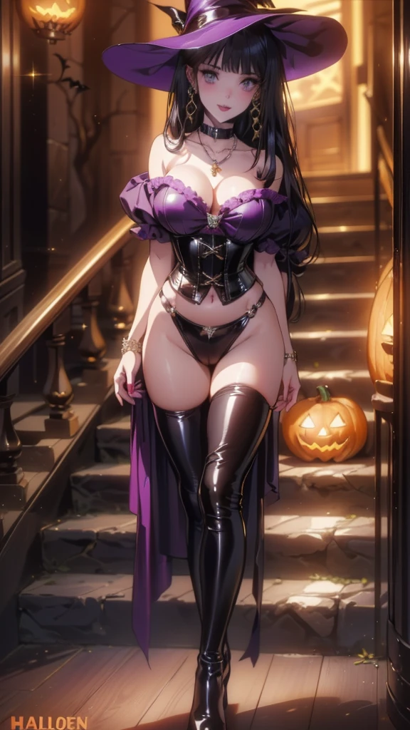 albino german female elf, ((big breast, big hips, big things)), longer elf ears, albino skinned, pale white skin, purple glowing eyes, {purple} witchy pelvic curtain outfit, {purple} large witch hat, (({purple} pelvic curtain dress)), fishnet stockings, {purple} gloves, platinum earrings, purple gem platinum necklace, ((masterpiece, perfect detail, perfect creation, perfect art, perfect body detail, ultra perfect detail)),