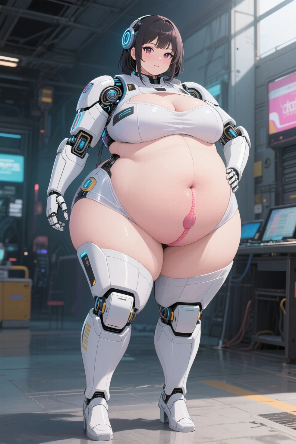 masterpiece , best quality , 1 sexy cyborg girl , solo , huge tits , (plump:1.2) , (muscular:1.3) , (thick arm:1.4) , thick thigh , huge hip , pale navy hair , short hair , pregnant ,dark skin , restrained , robot joint , robot shoulder , robot legs , nude , black glasses , lying on small sci-fi cockpit , surrounded by sci-fi machinery and monitor , folded , spread legs , navel covered by sci-fi machinery , vaginal object insertion , sex machine , cable attached to the whole body , ahegao ,