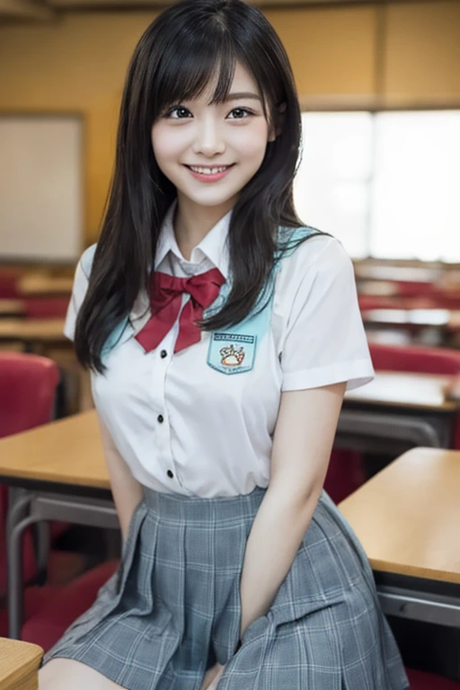(Highest quality, masterpiece, Photo Real, Super detailed, Ultra-high resolution, born:1.3), Detailed face,(カメラを見て大笑いする女子高born), beautiful, Japanese, 16 years old,(学born服:1.2), (Looking at the camera and laughing with his mouth wide open), classroom,(Long legs,Black pumps, whole body:1.2)