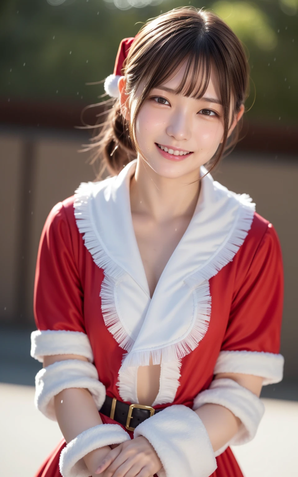 (8k、live-action、raw photo、top quality、masterpiece:1.2),(outdoor,A woman who explained in detail that it was wet in the rain),((perfect lighting)),(濡れたMy hair),Watch the Audience,posing for the camera, Smile,18 years old,student,white skin,knees,Small Faces,前My hairを真ん中から分けます、I can see my forehead,skinny,skinny)、masterpiece,top quality、super high resolution,1 person, solo,closeup shot of her blinking with a cheerful smile、cute、studentに戻る,(Santa Claus costume:1.3),High school student,Japanese woman,(フォトreality:1.37)、photon mapping,realityistic、cuteSmall Faces,brown eyes、prospect、The Depth of Written Boundaries、blurry background、reality,(前My hairが見える), My hair, kneesが見える, thighs,(Nogizaka idol), 、big, full 、Disconnect、Super Fine、Low people、(Skin with visible pores:1.2)、(Focus on the Face)、Natural Neck、skeleton entering the whole body