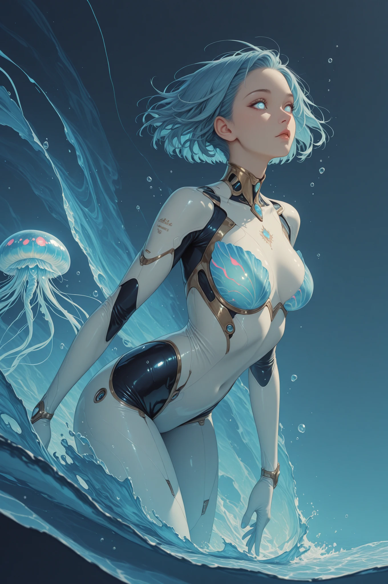 girl alien,(((1girl))),((beautiful girl alien)),
Alien Fish girl, ((blue skin:1.5)), (huge eyes:1.5), (((ear fins:1.5))), (((scaly skin:1.5))),((monster_girl)),(deep blue skin:1.5),
(green hair:1.5), long hair, wavy hair, hair covered one eye,
(glowing eyes, blue_eyes:1.0), (((black sclera:1.5))),symmetrical eyes,
(large breasts:1.4),saggy breasts,((colored inner hair)),((fat)),(((shiny body,plastic glitter skin,exaggerated shiny skin,illuminated skin,wet legs))),(spider lower abdomen,narrow waist,wide hip,athletic body,inflated legs, thick thighs,detailed body,(detailed face)),
cute,slutty,seductive,erotic,((nsfw)),
zettai ryouiki,revealing clothing,show skin,(wearing underwater armor:1.3),with micro clothes,almost totally naked,with little clothing,tiny thong,generous neckline,(((wet clothes,intricate outfit,intricate clothes))),
(dynamic pose:1.0),solo focus,embarrassed,(centered,scale to fit dimensions,Rule of thirds),
cyberpunk city by the ocean at night, with bright neon signs and dark stormy clouds and puddles, scenery:1.25,nighttime, starry night, cosmos,Very dark night that makes the neon lights stand out, very bright neon lights,nighttime, starry night, cosmos,
artistic photography,(photography taken by sldr),highres, sharp focus,(ultra detailed, extremely detailed), (photorealistic artwork:1.37),(extremely detailed CG unity 8k wallpaper),((synthwave background theme)),(((vibrant colors))),intricate,(intricate background),(masterpiece),(best quality),perfect rendered face,perfect face details,realistic face,photo realistic,analog style,((intricate detail)),(((realism))),