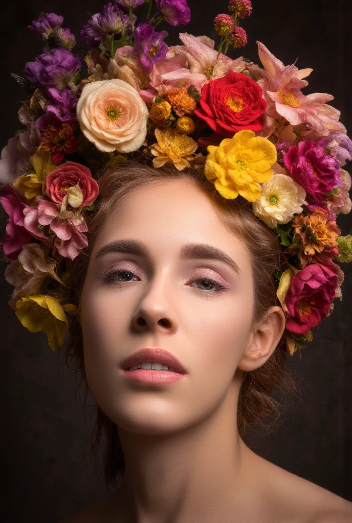 Girl with a beautiful face. Sophisticated young.  high cheekbones. plump lips. Moderate makeup. eyes are closed. passion on the face, desire. Summer flowers instead of hair,  in different shades .