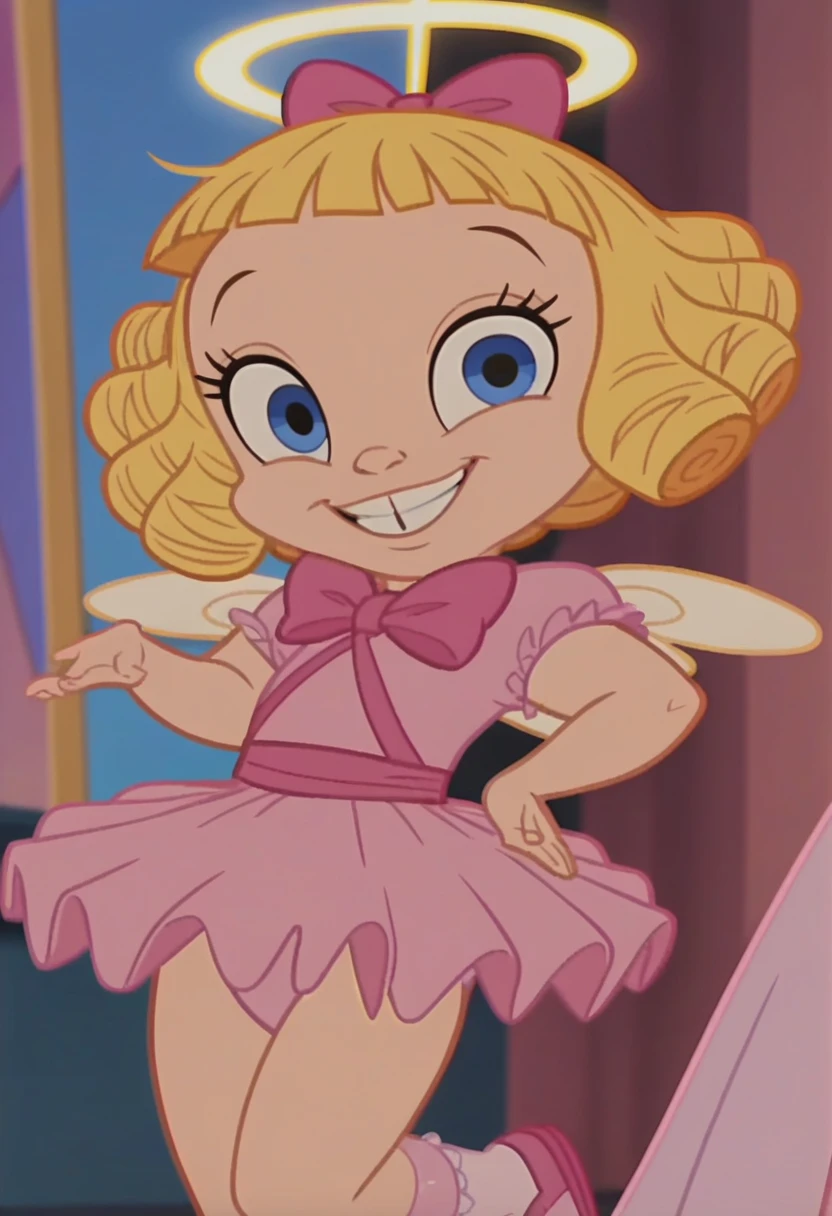 score_9, score_8_up, score_7_up BREAK DarlaD, 1girl, blonde hair, blonde curls, blunt bangs, blue eyes, pink bow, pink leotard, pink tutu, angel halo, angel wings, light pink stockings, stockings, pink shoes, parody, cartoon footage, official design, screencap, on_model, on model, cartoon screenshot, official screenshot, 2d, cartoon, source_cartoon, on model, in bed, wide eyes, grabbing waist, age gap , size difference , vaginal sex, sex from behind, big penis, bulging belly