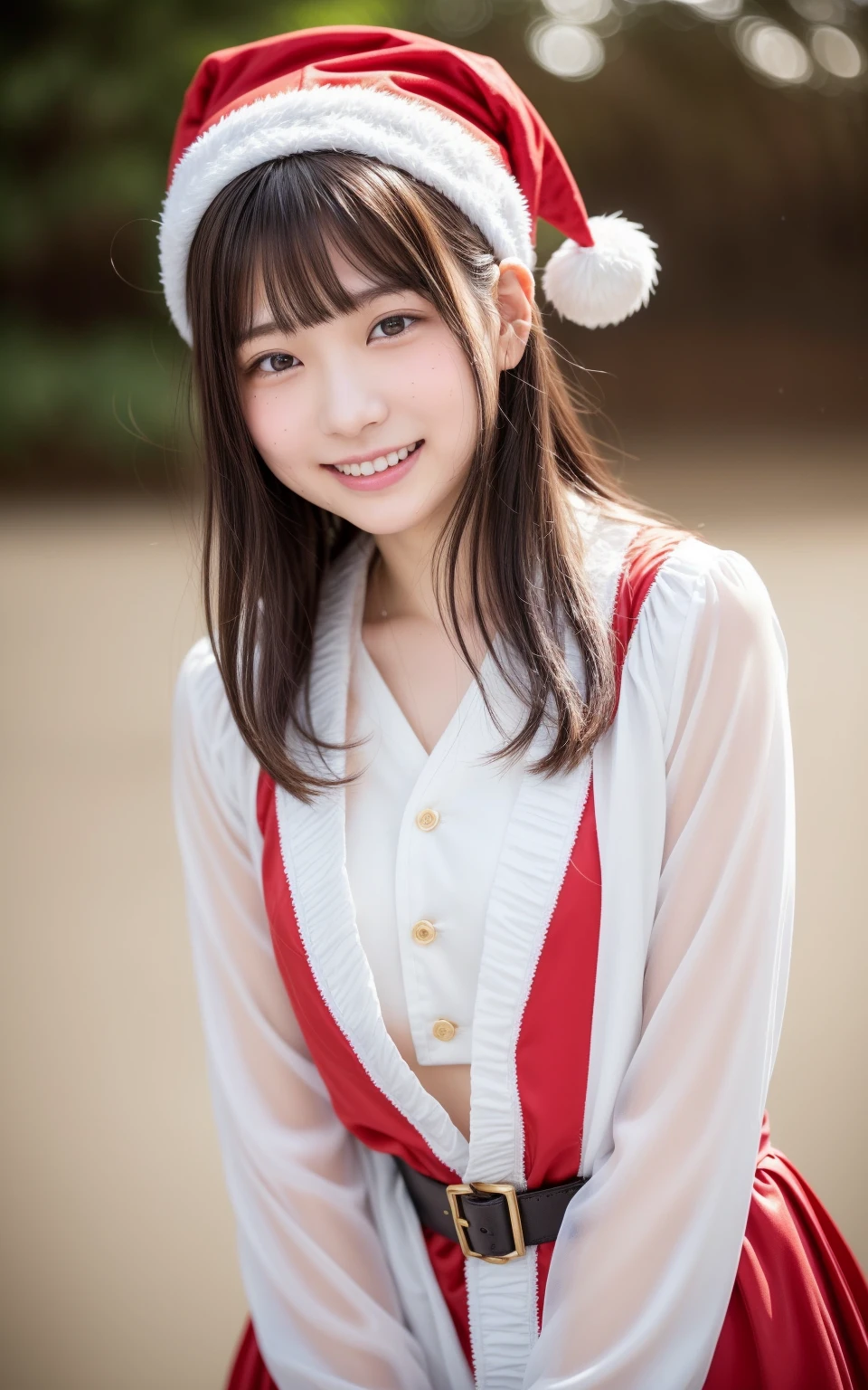 (8k、live-action、raw photo、top quality、masterpiece:1.2),(outdoor,A woman who explained in detail that it was wet in the rain),((perfect lighting)),(濡れたMy hair),Watch the Audience,posing for the camera, Smile,18 years old,student,white skin,knees,Small Faces,前My hairを真ん中から分けます、I can see my forehead,skinny,skinny)、masterpiece,top quality、super high resolution,1 person, solo,closeup shot of her blinking with a cheerful smile、cute、studentに戻る,(Santa Claus costume:1.3),High school student,Japanese woman,(フォトreality:1.37)、photon mapping,realityistic、cuteSmall Faces,brown eyes、prospect、The Depth of Written Boundaries、blurry background、reality,(前My hairが見える), My hair, kneesが見える, thighs,(Nogizaka idol), 、big, full 、Disconnect、Super Fine、Low people、(Skin with visible pores:1.2)、(Focus on the Face)、Natural Neck、skeleton entering the whole body