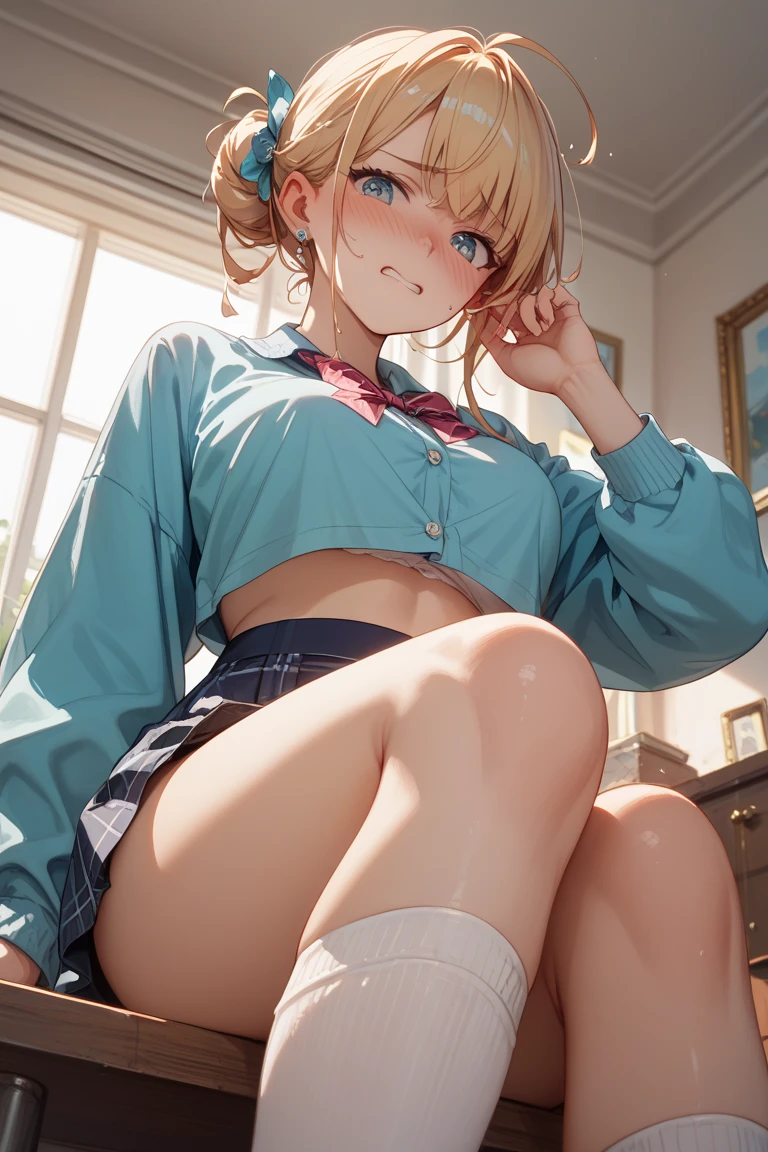 masterpiece、Soft Focus , Bright gradient watercolor、Tabletop, High resolution, 8k, Anime Women, Delicate and detailed writing 、Detailed digital illustration、high resolution, high quality、
(masterpiece, highest quality), Blonde Short Hair, (Schoolgirl uniform, Pleated mini skirt), Put the VR goggles on your eyes, Open your mouth, Hold two VR controllers in your hands, Sitting on the floor, Raise your knees, Put your knees on your chest, Spread leg pose, (no panties), Camel Toe, In her room, Barefoot, barefoot, ((Show your crotch, Showing panties)),