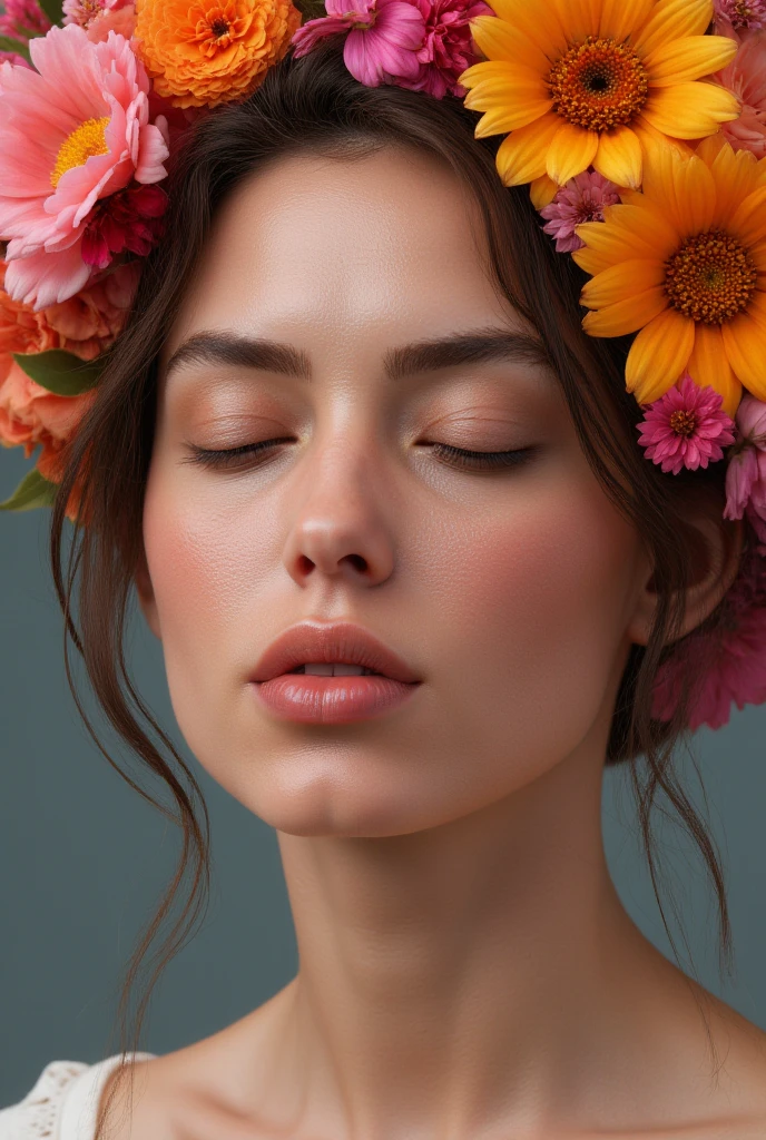 Girl with a beautiful face. Sophisticated young.  high cheekbones. plump lips. Moderate makeup. eyes are closed. passion on the face, desire. Summer flowers instead of hair,  in different shades .