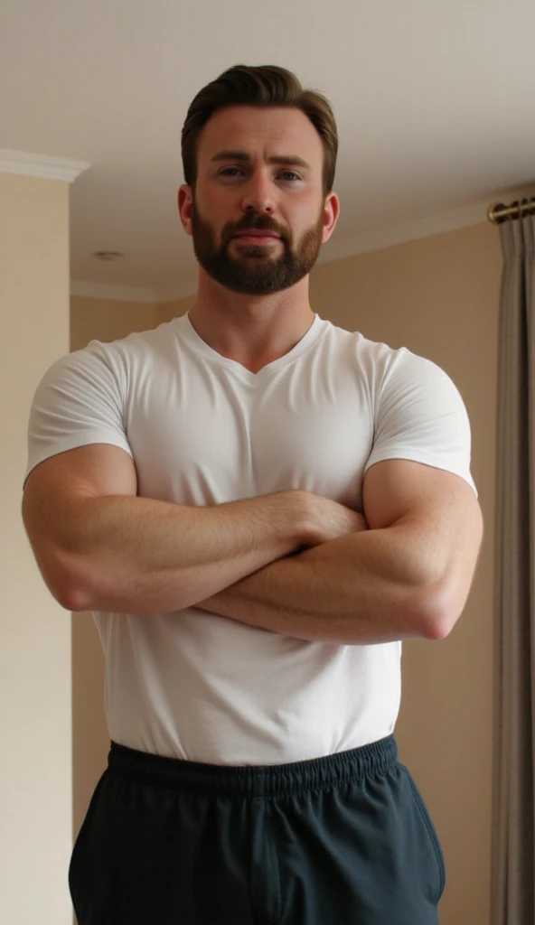 A Muscular American Male,A bit fat but a little bit muscular,Slightly bearded , handsome, sexy, masculine,A little chest hair,Very bulge, Wearing Plain Black Pants, Have Very Very Big Dick