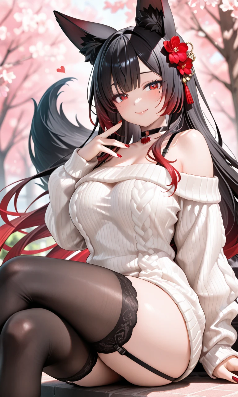 Detailed facial details，16 years old，1 girl，Red lips，Cat ear，Black long hair，Wearing a pink bikini，Large Breasts，Slim，Collar，Radiant Skin，Sitting on the grass，garden
