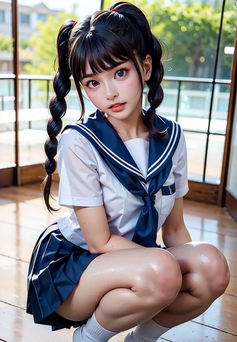 (Highest quality,masterpiece:1.3,Ultra-high resolution),(Very detailed、Caustics) (Realistic:1.4, RAW shooting、)Ultra-Realistic Capture、Very detailed、Natural skin texture、masterpiece、(Japanese girl wearing junior high school sailor uniform:1.3)、Adorable expression、Expressions of happiness、14 years old、Young Face、Amazingly cute、Twin tails、Curly Hair、Black Hair、Scrunchie、necklace、Bare arms、light makeup、小さい breasts、Shining Breasts、Shining thighs、Filmed in a private room at a sex shop、The scene when he entered the room、A pose that emphasizes the chest、smile、An inviting gaze、Full body photo、Anatomically correct、Attention to detail、