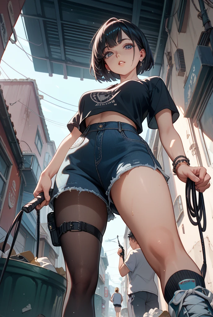 ((Realistic lighting, best qualtiy, 8K, tmasterpiece:1.3)), sharp fokus:1.2, 1girll, Beautiful Women with Perfect Figure:1.4, Slim abs:1.1, ((dark brown hair)), (Blue mini-short jeans:1.4), (Short white top:1.4)(exteriors,during night:1.1),the city street,under a neon,Ultra-fine face,Fine eyes,二重まぶた,(Knee-length black stockings:1.5)