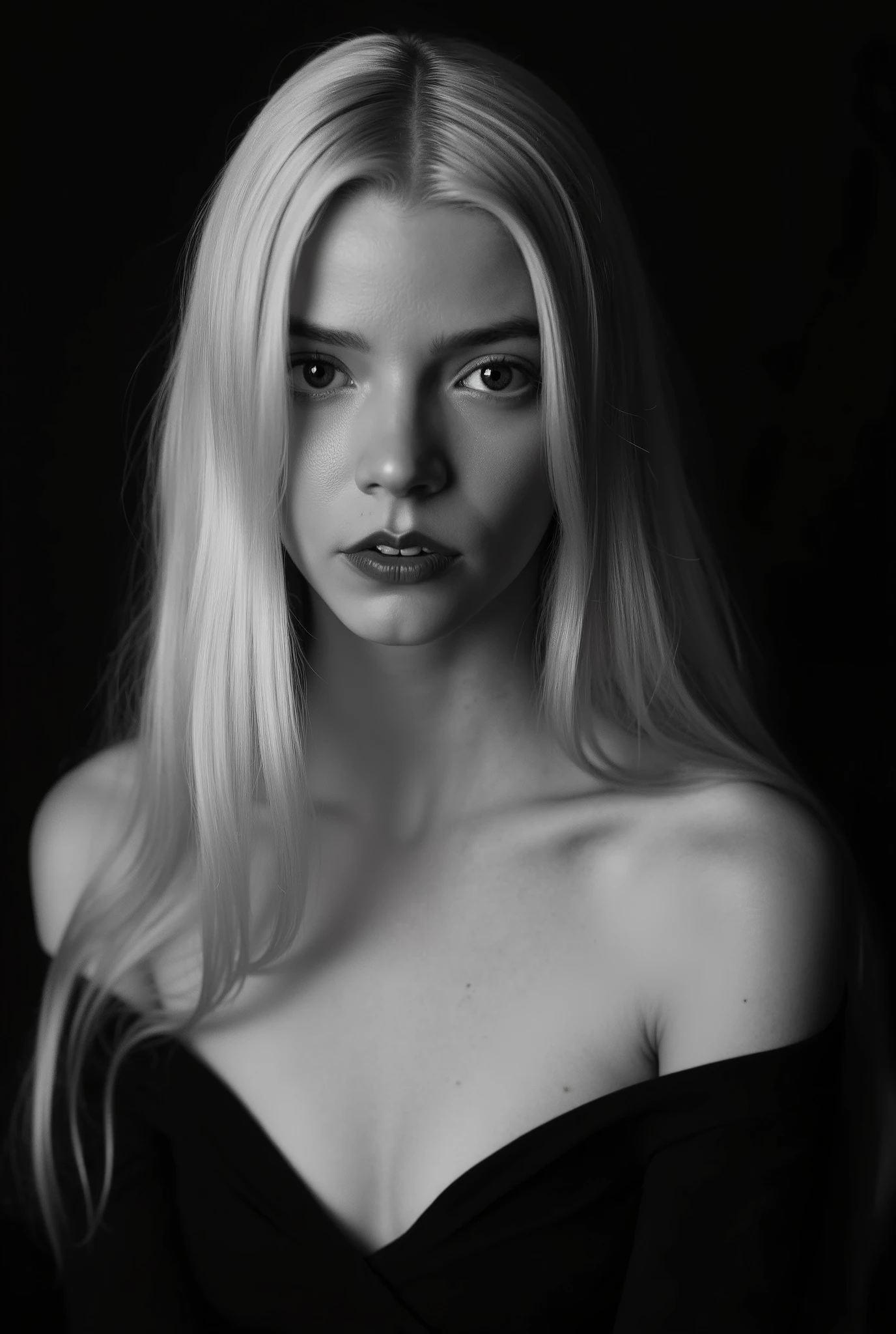 In a monochromatic setting, a girl showcases striking long, blonde hair that flows freely over their shoulders. The hair is characterized by its smooth texture and subtle layers, catching the light in gentle highlights that contrast against a shadowy backdrop. The choice of black attire blends seamlessly with the dim surroundings, enhancing the overall mystery and timelessness of the portrait. The composition focuses on the interplay between light and darkness, emphasizing the graceful lines of the hair and the serene calmness of the scene. Open shoulders and collarbones emphasize the femininity and seductiveness of the girl. She has a charming look and a sensual expression on her face. There are highlights in her dark eyes. close-up portrait, high quality, photorealism, masterpiece, professional photography, classic black-and-white photography, intricate details,