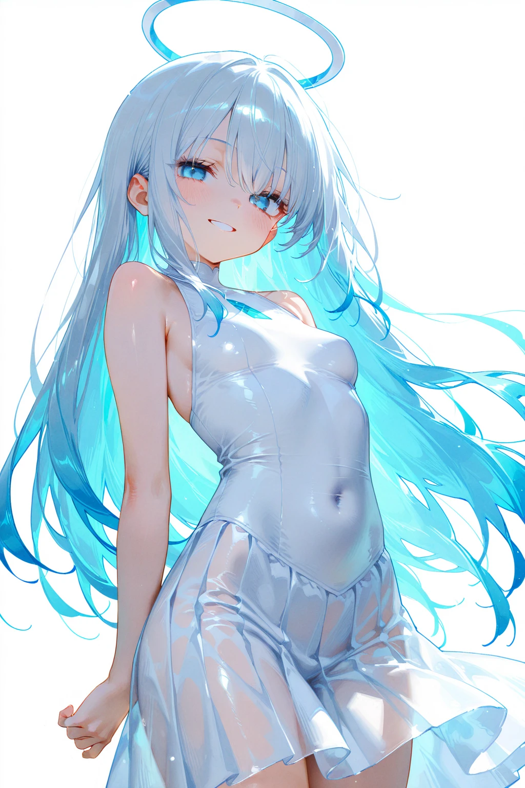 Resolution full, very accurate, best quality, masterpiece, cinematic lighting, full HD, very sharpener, best art, very accurate, white background, 1girl, solo, cute girl, beautiful and cute girl, grey hair, long hair, braid hair, bangs hair, ahoge hair, straight hair, gradient grey and blue hair, green leaf hair ornament, slim body, beautiful bright blue eyes, white T-shirt only, perfect legs, standing model, white background